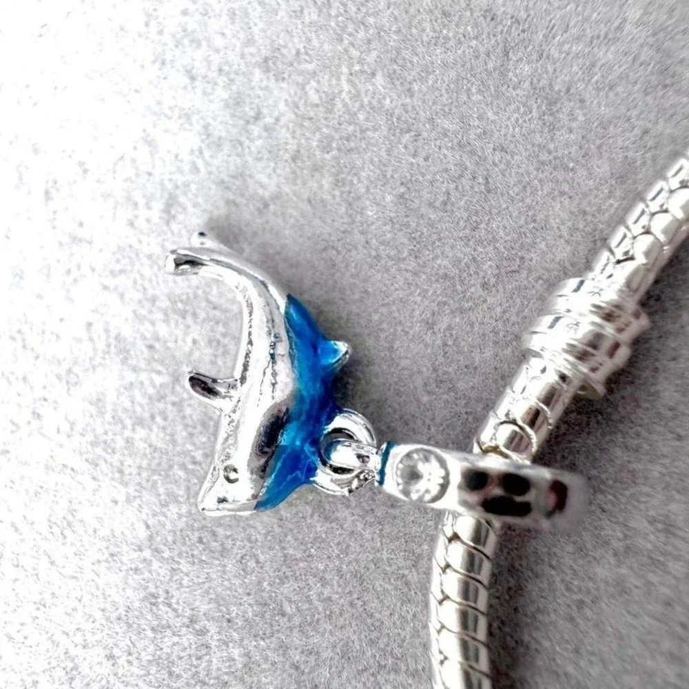 Dolphin Charm Bead Silver Tone Blue Enamel For Pandora Style Bracelets